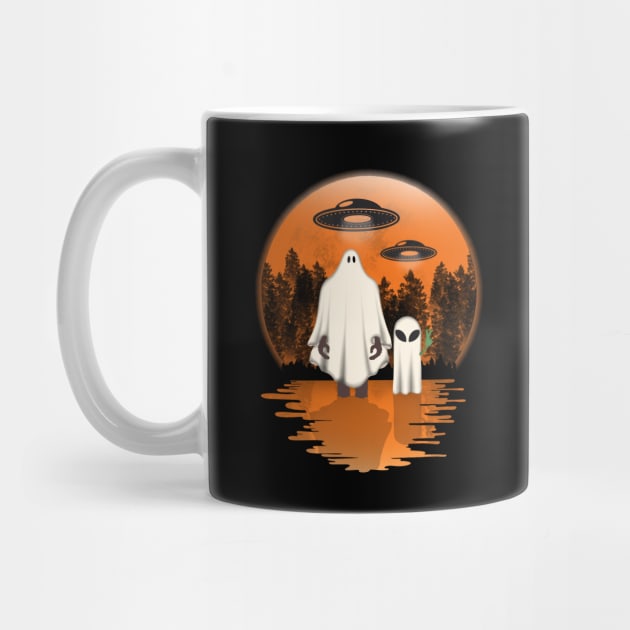 Alien And Bigfoot Ghost Halloween Moon by gogo-jr